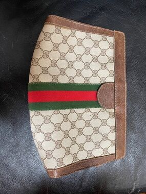 VintaGucci Beige Canvas & Brown Leather Clutch with Green-Red Stripe